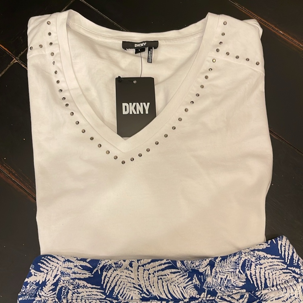 DKNY White Short Sleeve Tee with Stud Accents